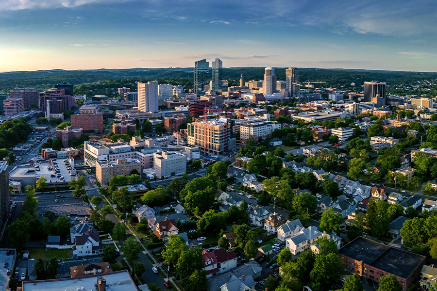 Contact - Aerial Landscape View of White Plains, New York on a Bright Sunny Day